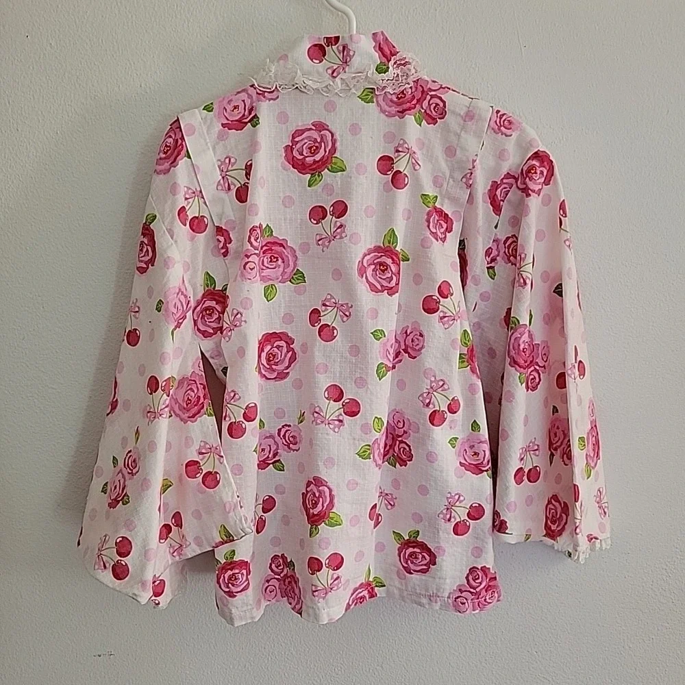 Yukata Girls 7-8 Kimono Top Rose Cherry Print Japanese‎ Botanical Retro Summer